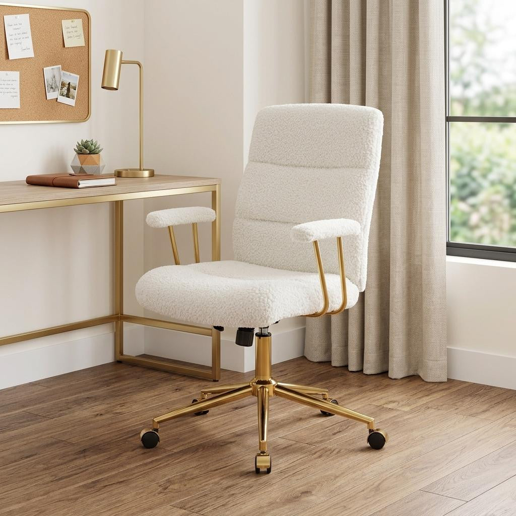 White And Gold Boucle Swivel Rolling Executive Office Chair
