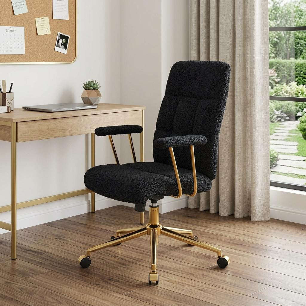 Black And Gold Boucle Swivel Rolling Executive Office Chair
