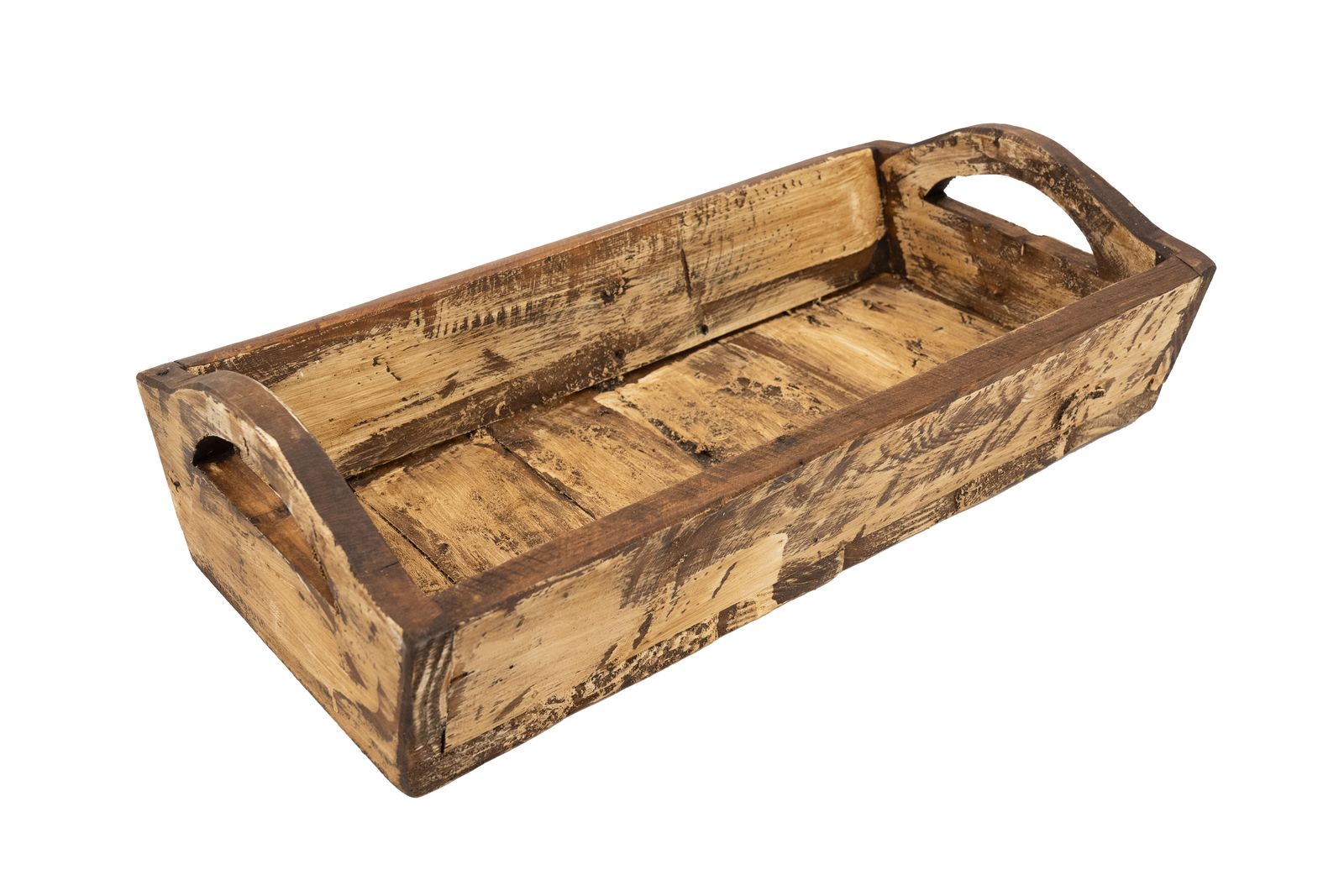 20" Antiqued White And Brown Reclaimed Wood Handmade Serving Tray With Handles