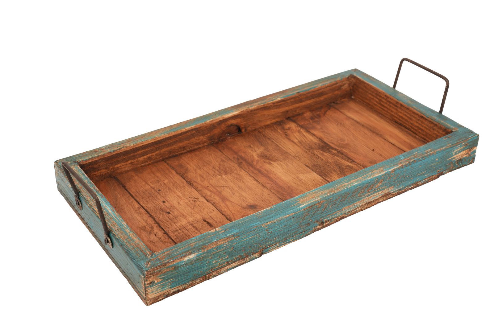 21" Natural And Turquoise Solid Wood Handmade Serving Tray With Handles