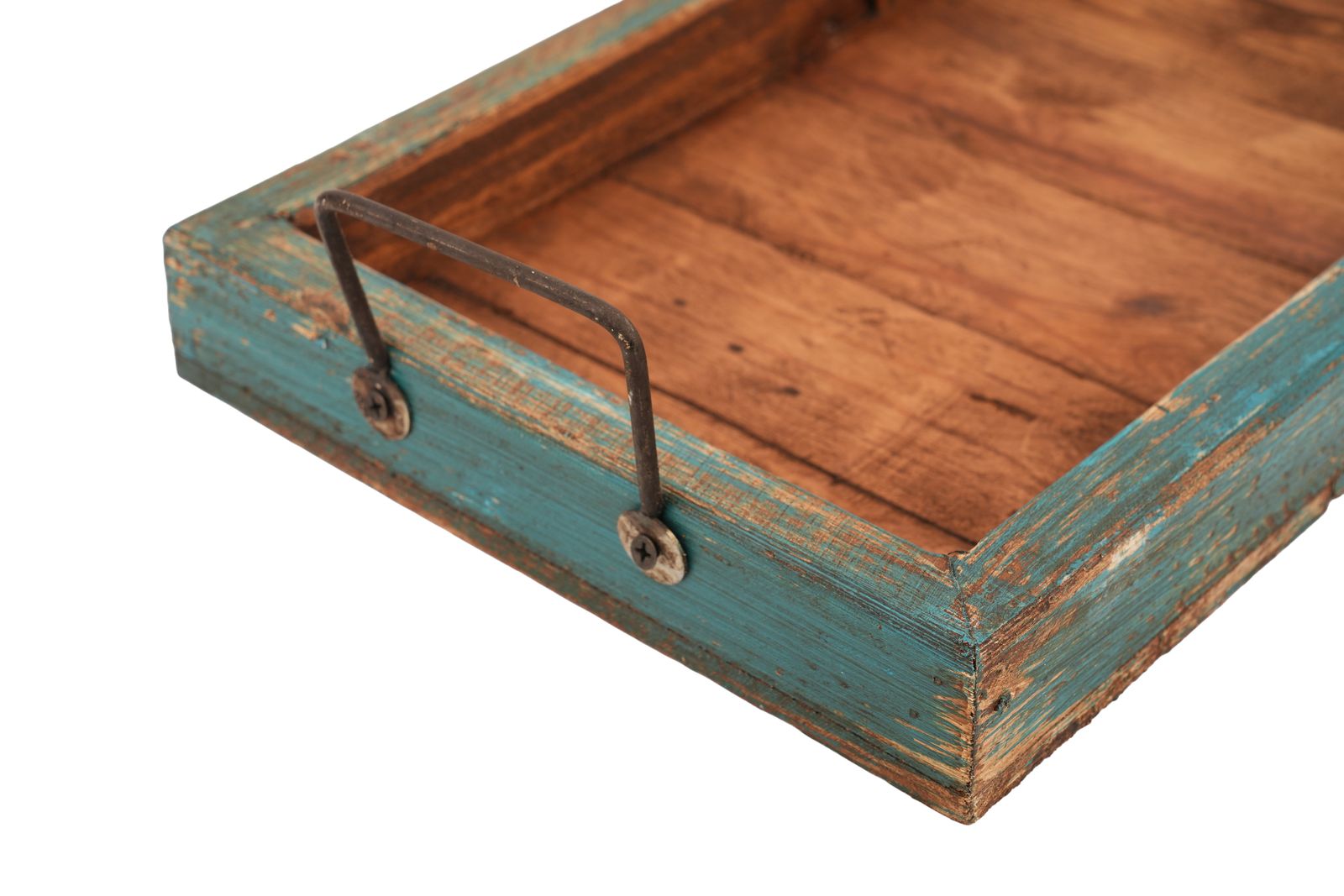 21" Natural And Turquoise Solid Wood Handmade Serving Tray With Handles