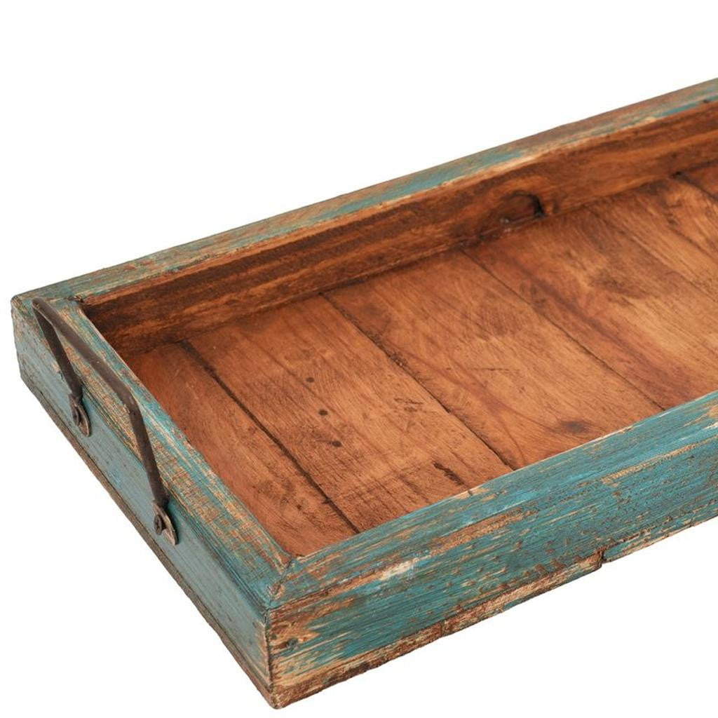 21" Natural And Turquoise Solid Wood Handmade Serving Tray With Handles