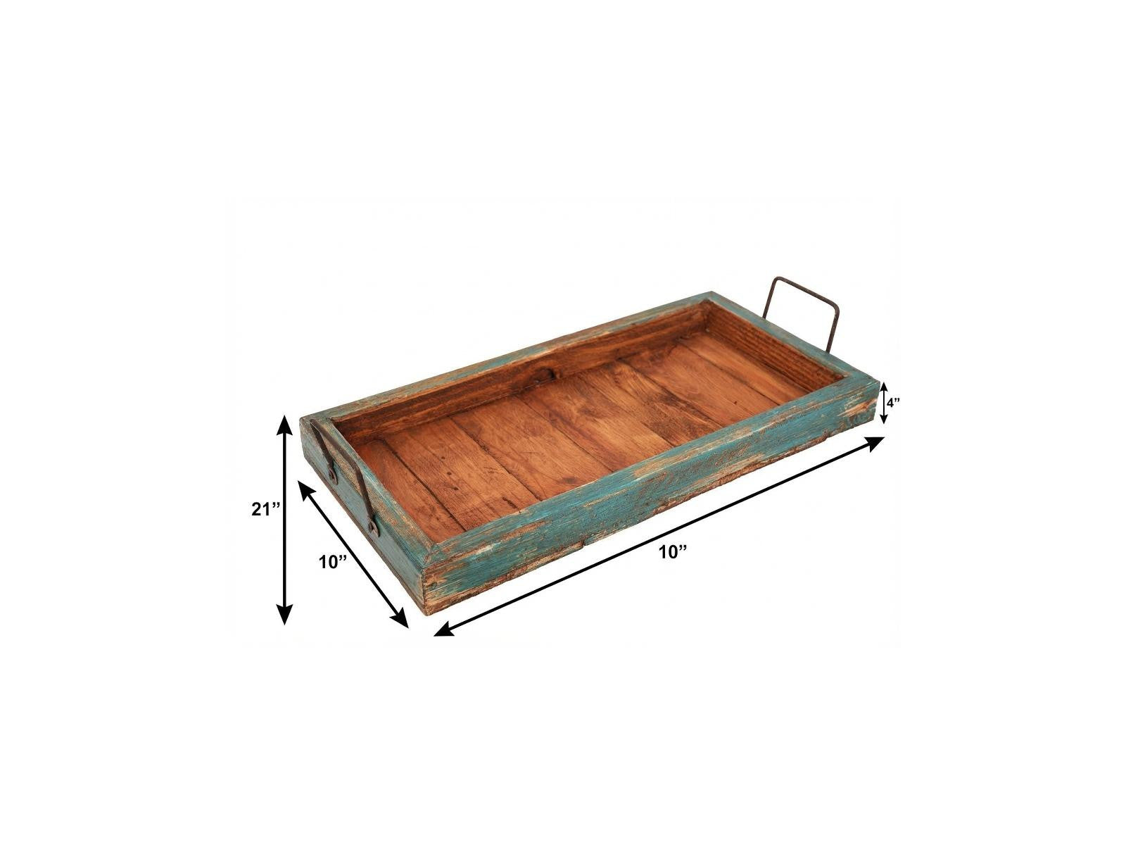 21" Natural And Turquoise Solid Wood Handmade Serving Tray With Handles
