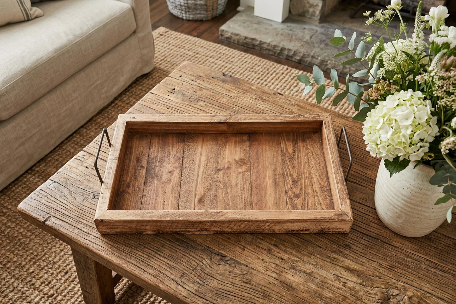 21" Natural Solid Wood Handmade Serving Tray With Handles