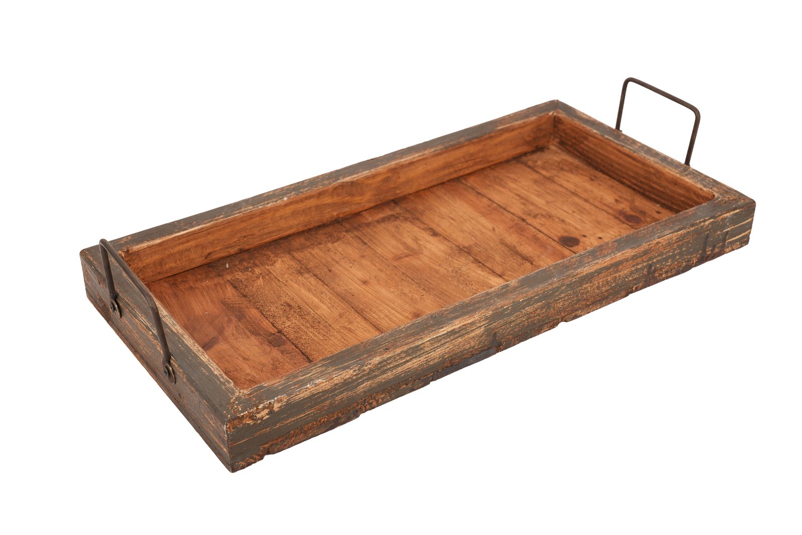 21" Gray And Natural Solid Wood Handmade Serving Tray With Handles