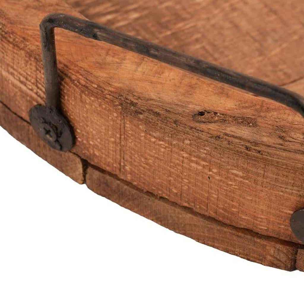 15" Natural Solid Wood Handmade Round Serving Tray With Handles
