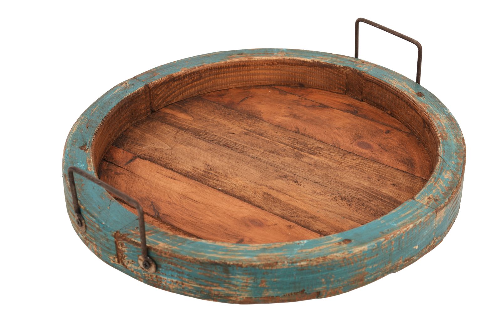 15" Natural And Turquoise Solid Wood Handmade Round Serving Tray With Handles