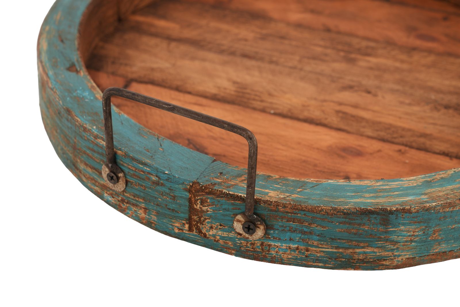 15" Natural And Turquoise Solid Wood Handmade Round Serving Tray With Handles