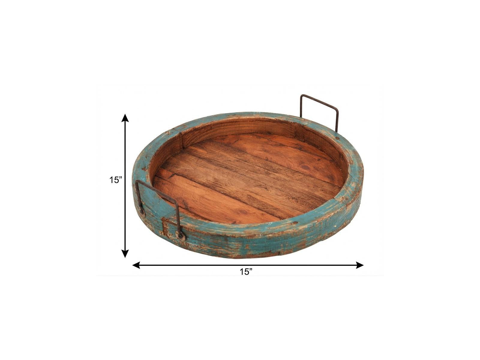 15" Natural And Turquoise Solid Wood Handmade Round Serving Tray With Handles