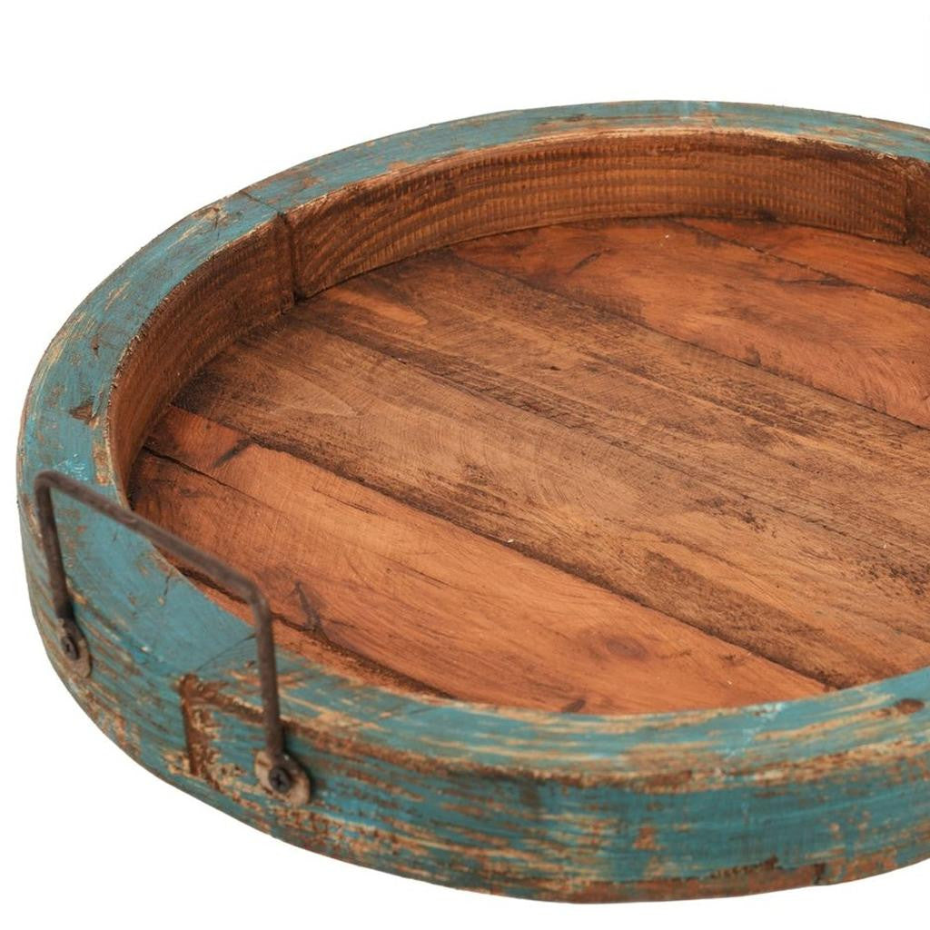 15" Natural And Turquoise Solid Wood Handmade Round Serving Tray With Handles