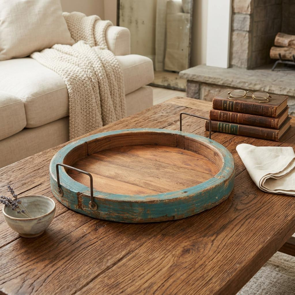 15" Natural And Turquoise Solid Wood Handmade Round Serving Tray With Handles