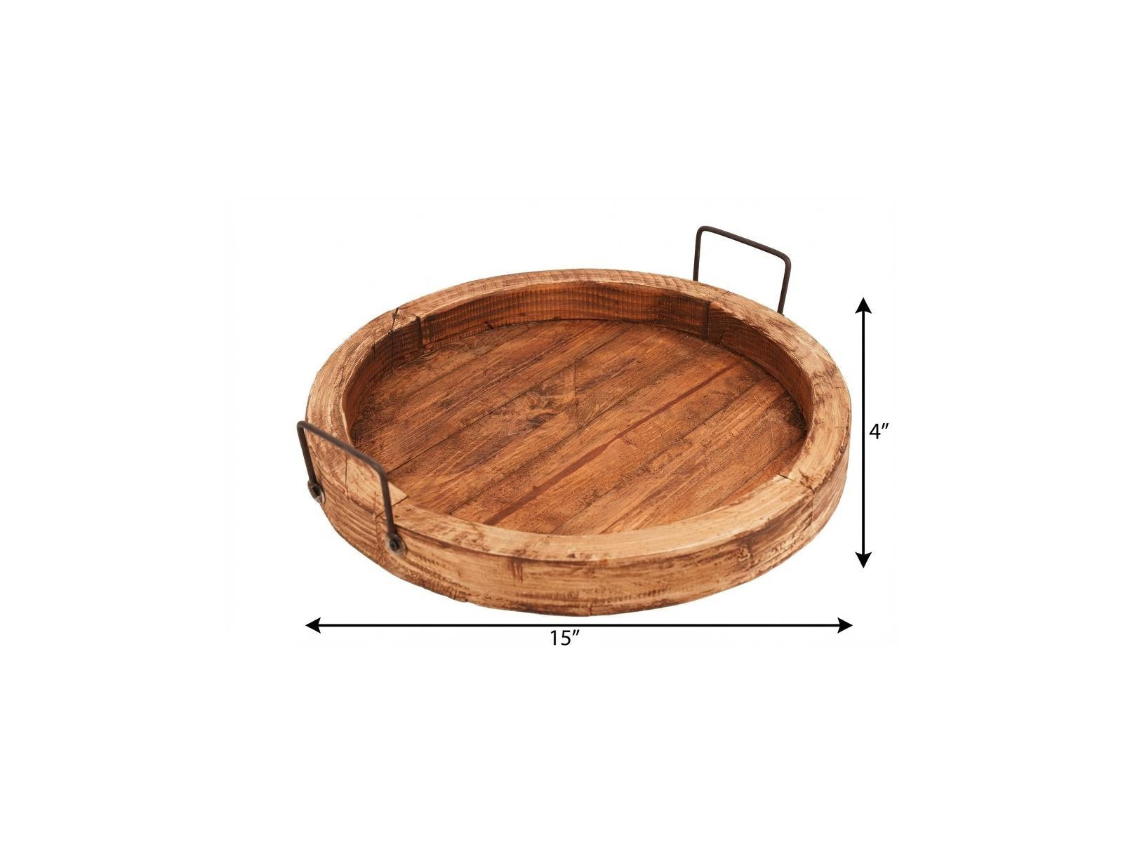 15" Natural Solid Wood Handmade Round Serving Tray With Handles