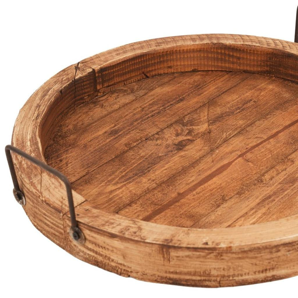 15" Natural Solid Wood Handmade Round Serving Tray With Handles