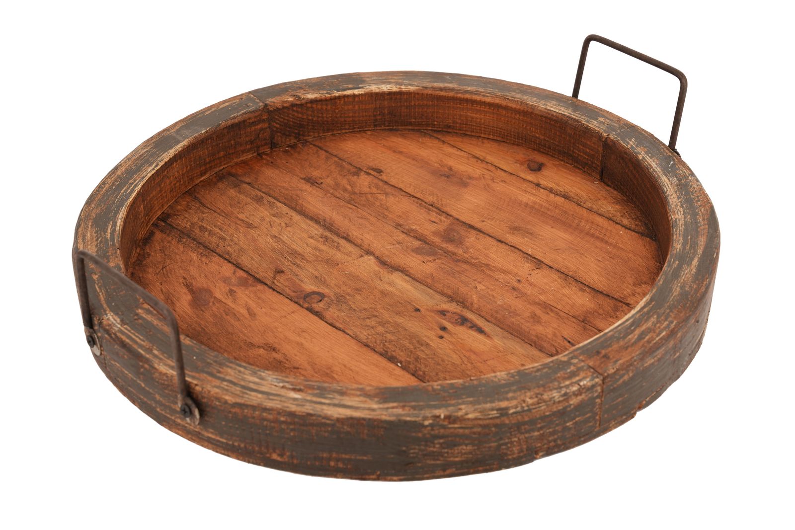 15" Gray And Natural Solid Wood Handmade Round Serving Tray With Handles
