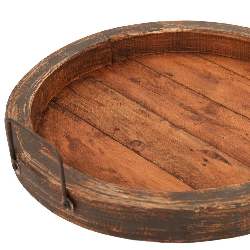 15" Gray And Natural Solid Wood Handmade Round Serving Tray With Handles
