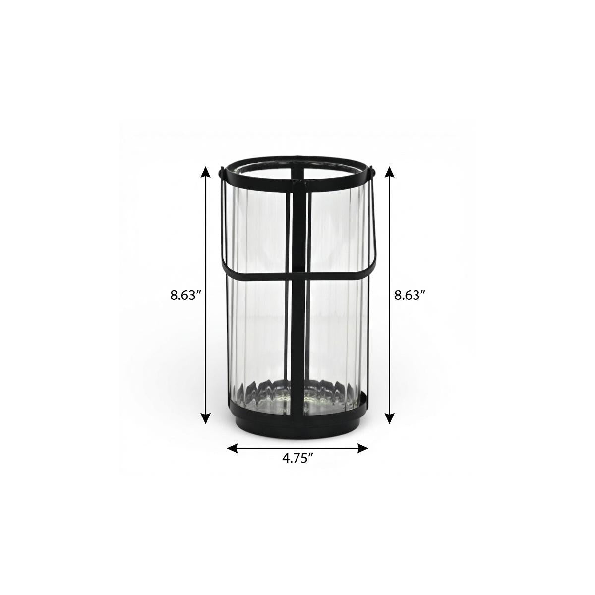 9" Clear And Black Glass And Metal Tabletop Lantern Candle Holder