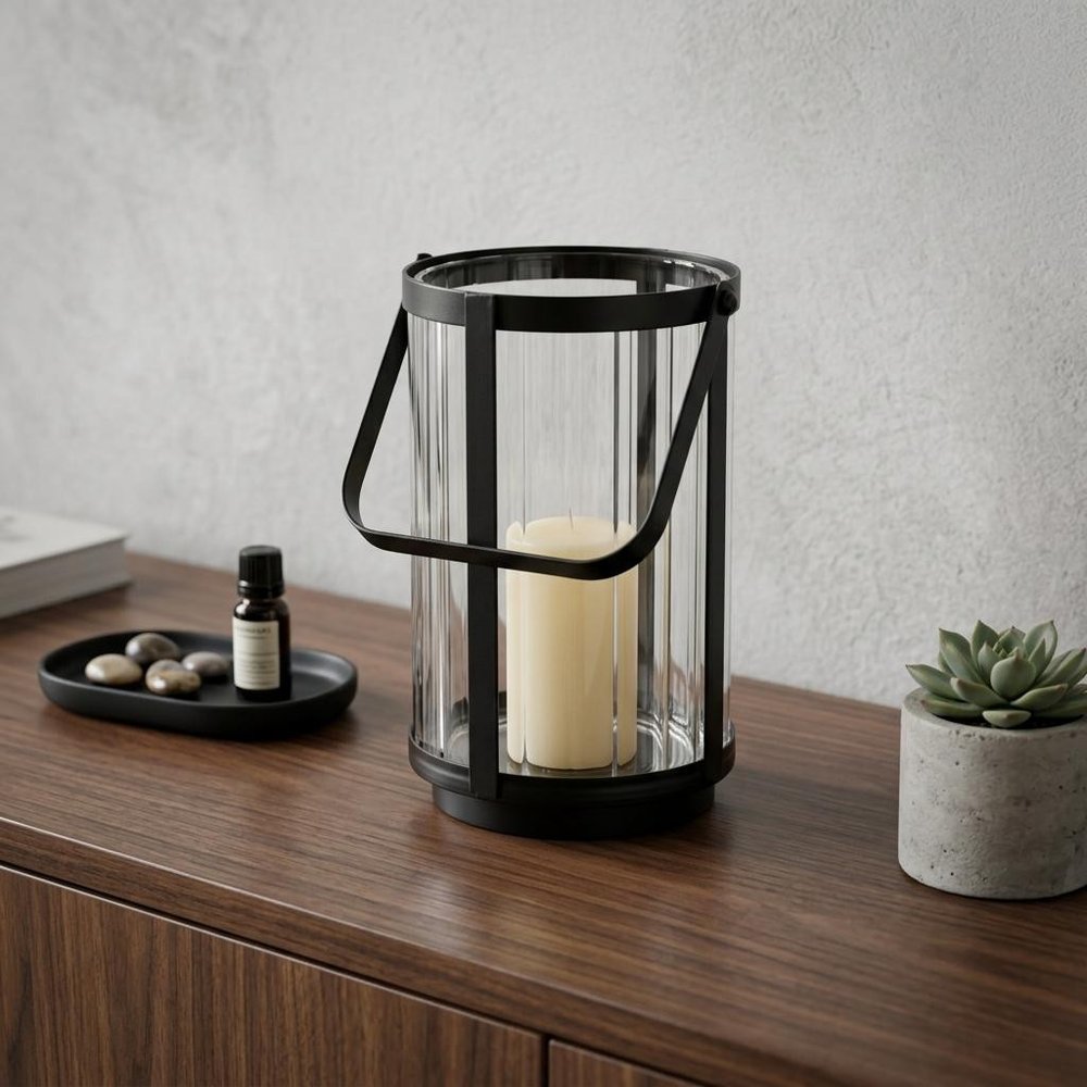 7" Black Glass Tabletop Lantern Candle Holder