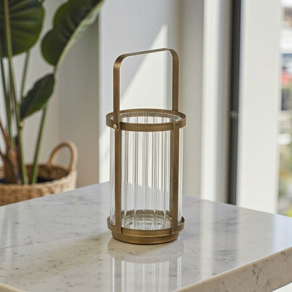 7" Gold Glass Tabletop Lantern Candle Holder
