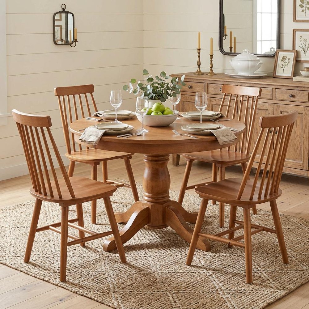 Set of Four Walnut Solid Wood Windsor Back Dining Side Chairs