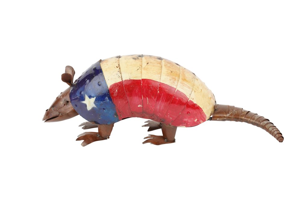 16" Red Off White And Blue Metal Armadillo Tabletop Sculpture