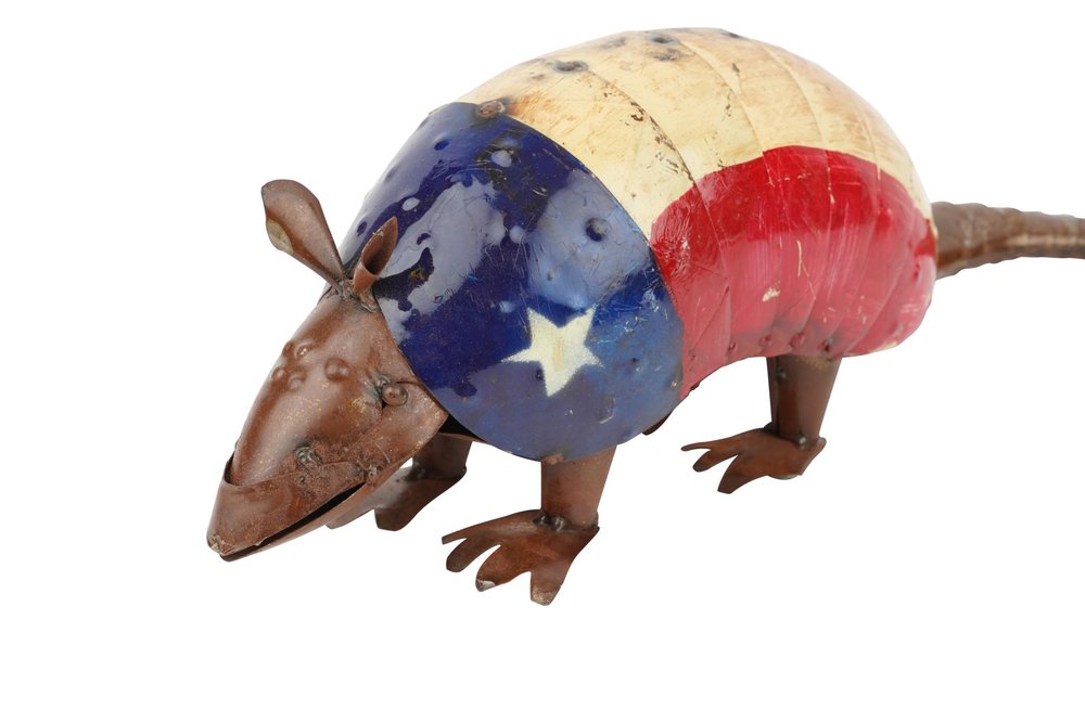 16" Red Off White And Blue Metal Armadillo Tabletop Sculpture