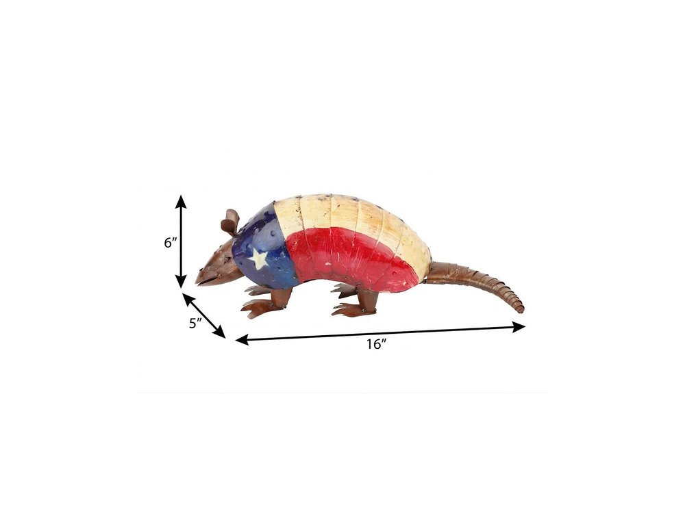 16" Red Off White And Blue Metal Armadillo Tabletop Sculpture