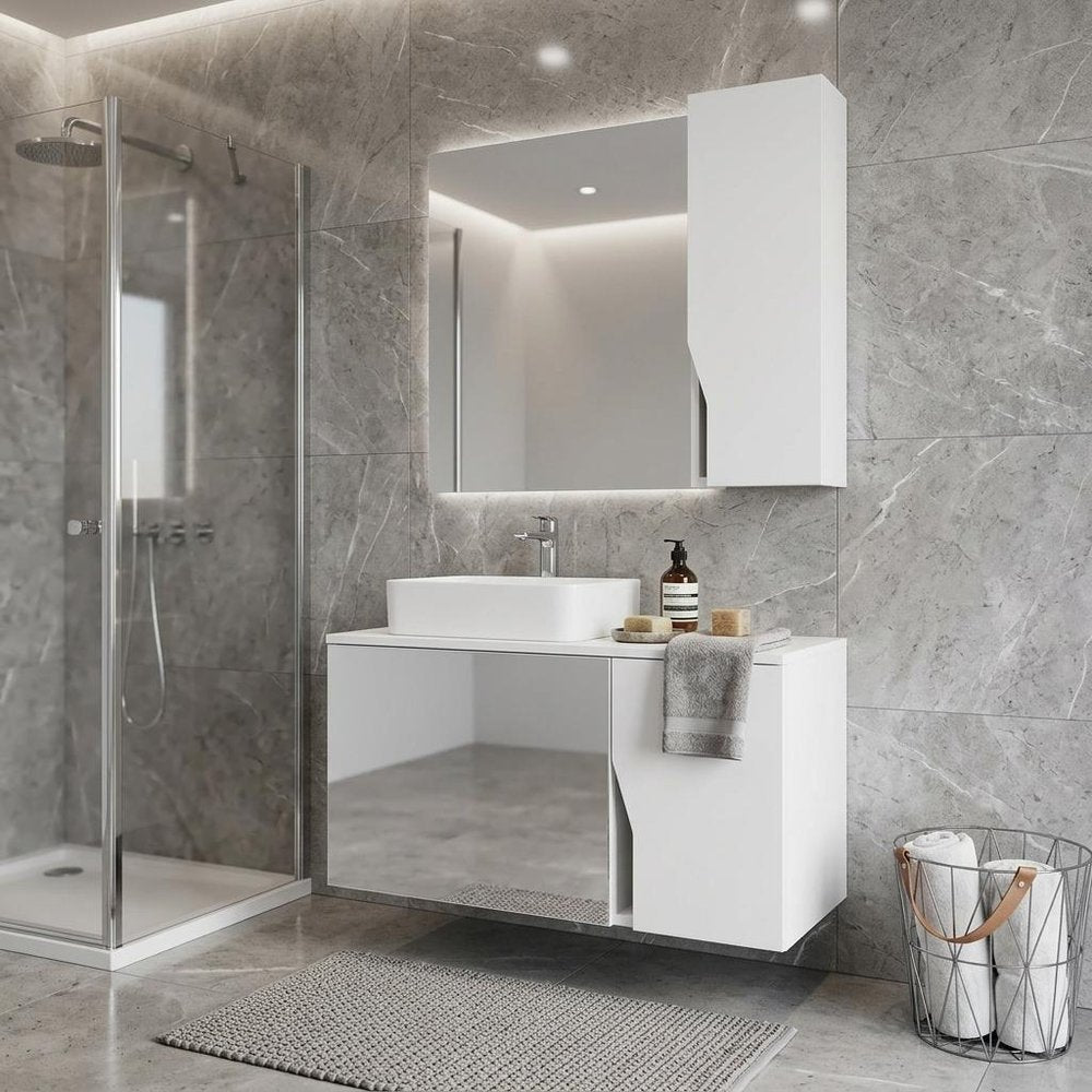 7" White Wood Floating Double Door Bathroom Vanity And Medicine Cabinet With Mirror