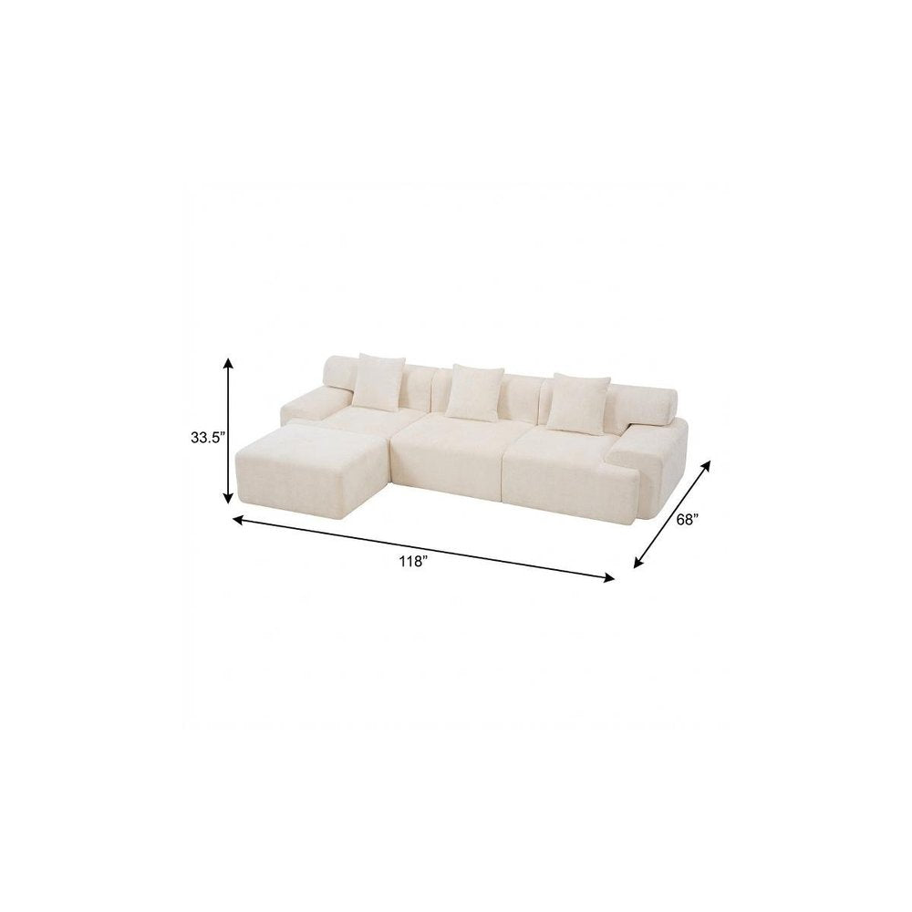 118" Beige Chenille Modular Sofa With Ottoman And Toss Pillows