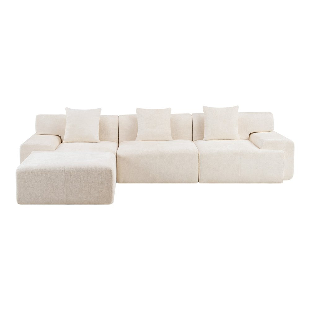 118" Beige Chenille Modular Sofa With Ottoman And Toss Pillows