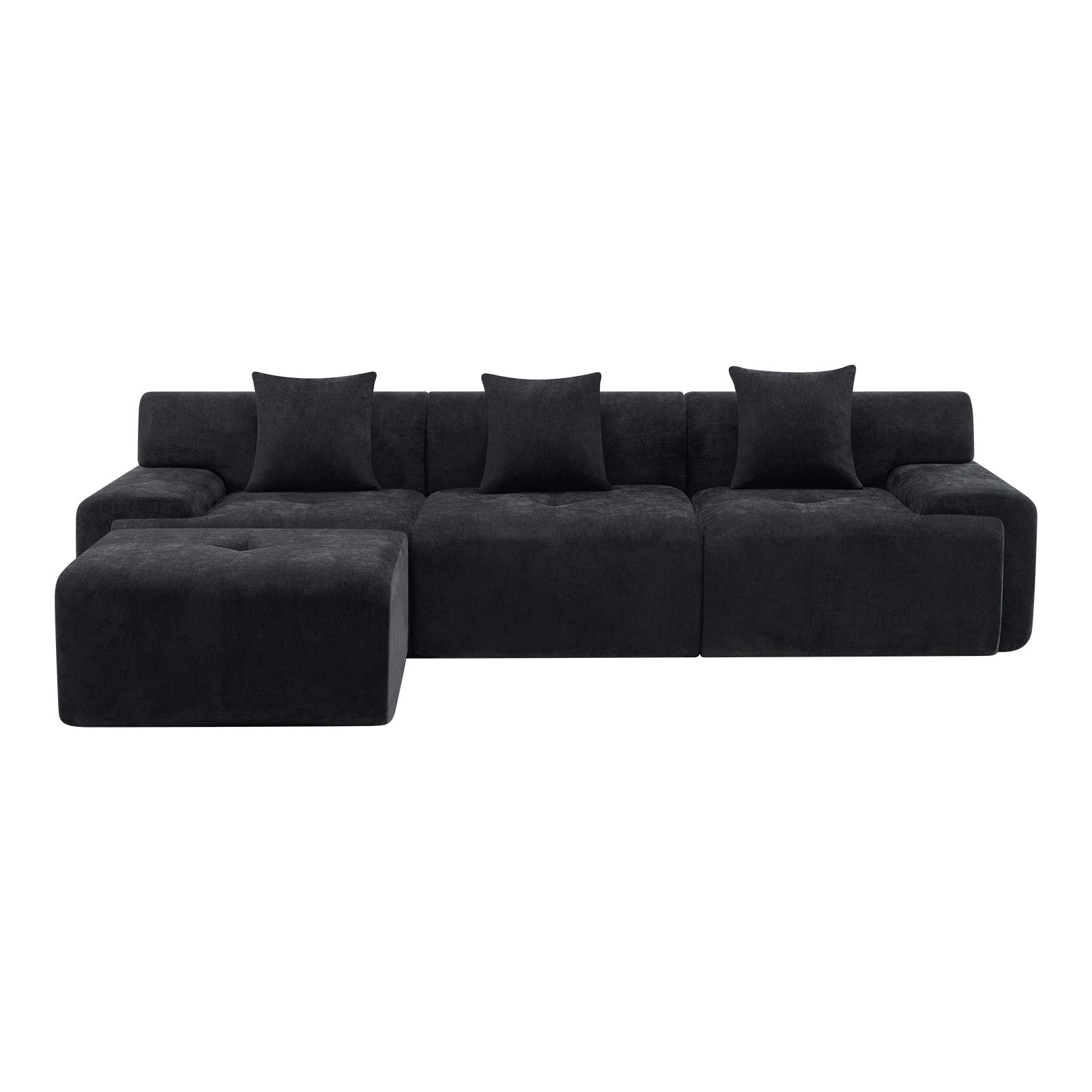 118" Black Chenille Modular Sofa With Ottoman And Toss Pillows