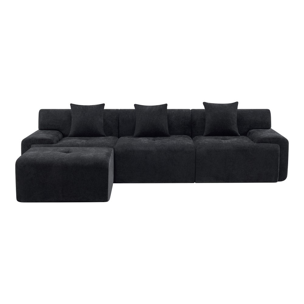 118" Beige Chenille Modular Sofa With Ottoman And Toss Pillows