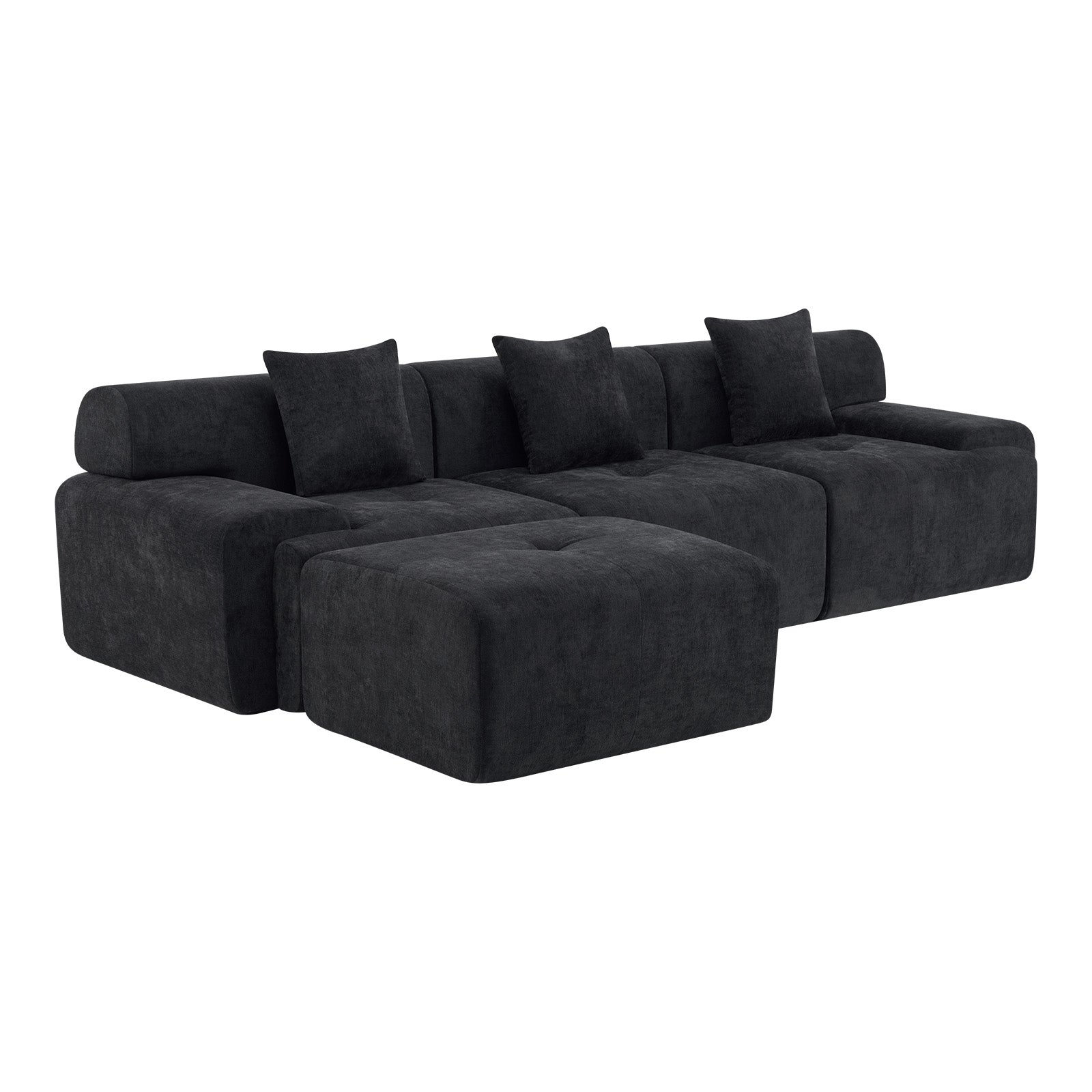 118" Black Chenille Modular Sofa With Ottoman And Toss Pillows