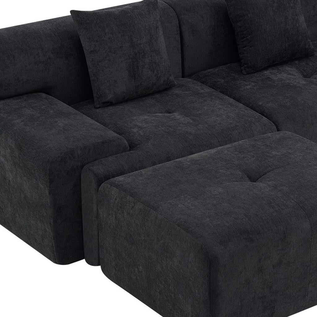 118" Black Chenille Modular Sofa With Ottoman And Toss Pillows