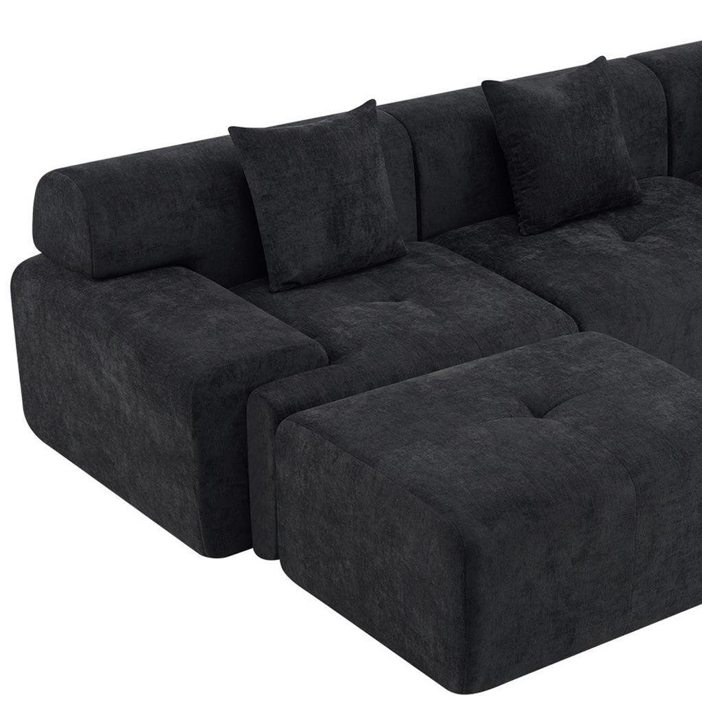 118" Black Chenille Modular Sofa With Ottoman And Toss Pillows