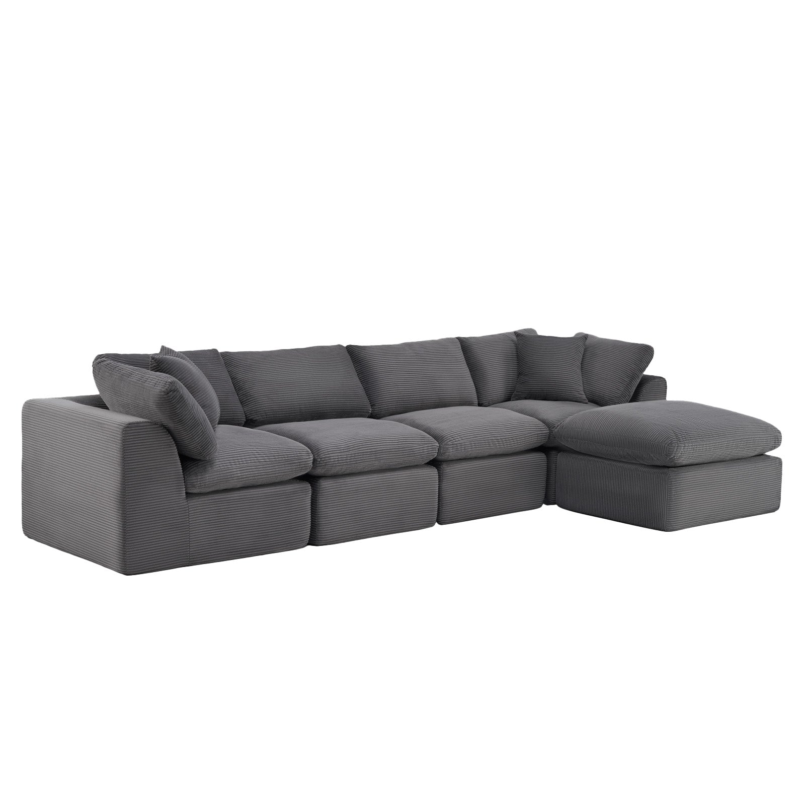 138" Dark Gray Corduroy Modular Sofa With Ottoman And Toss Pillows