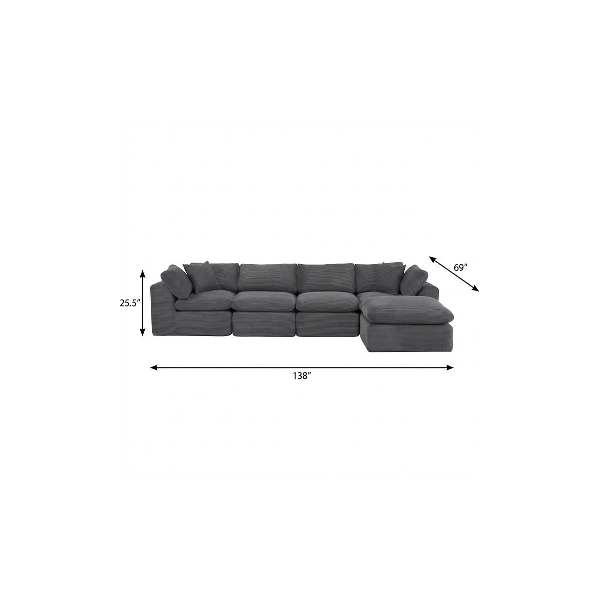 138" Dark Gray Corduroy Modular Sofa With Ottoman And Toss Pillows