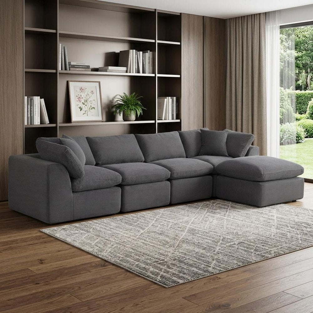 138" Beige Chenille Modular Sofa With Ottoman And Toss Pillows
