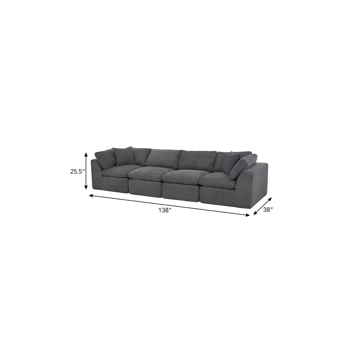 138" Dark Gray Corduroy Modular Sofa With Toss Pillows