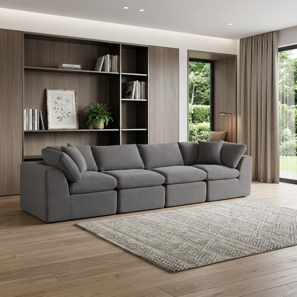 138" Beige Chenille Modular Sofa With Toss Pillows