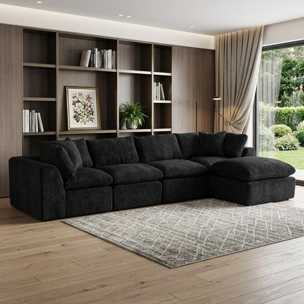 138" Beige Chenille Modular Sofa With Ottoman And Toss Pillows