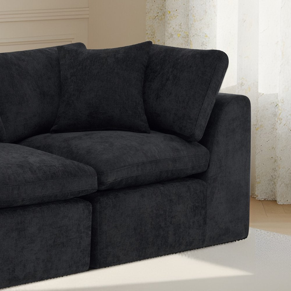 138" Beige Chenille Modular Sofa With Toss Pillows
