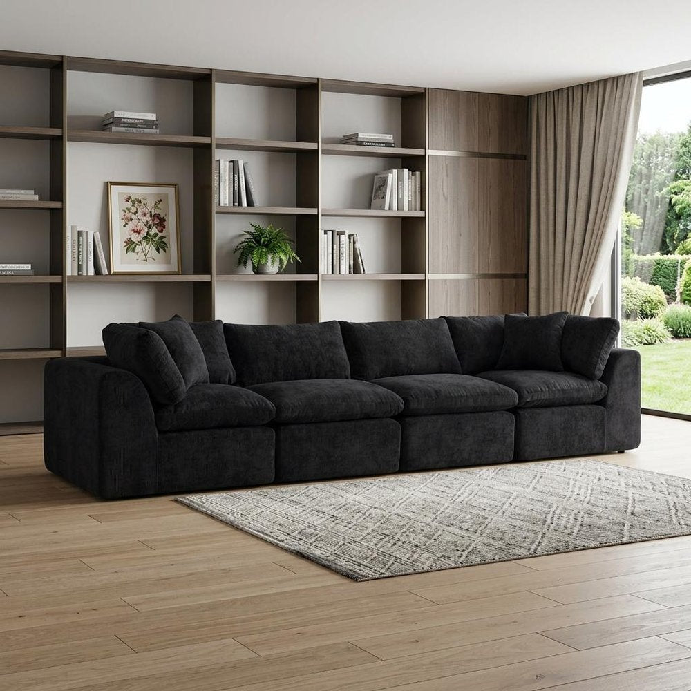 138" Beige Chenille Modular Sofa With Toss Pillows