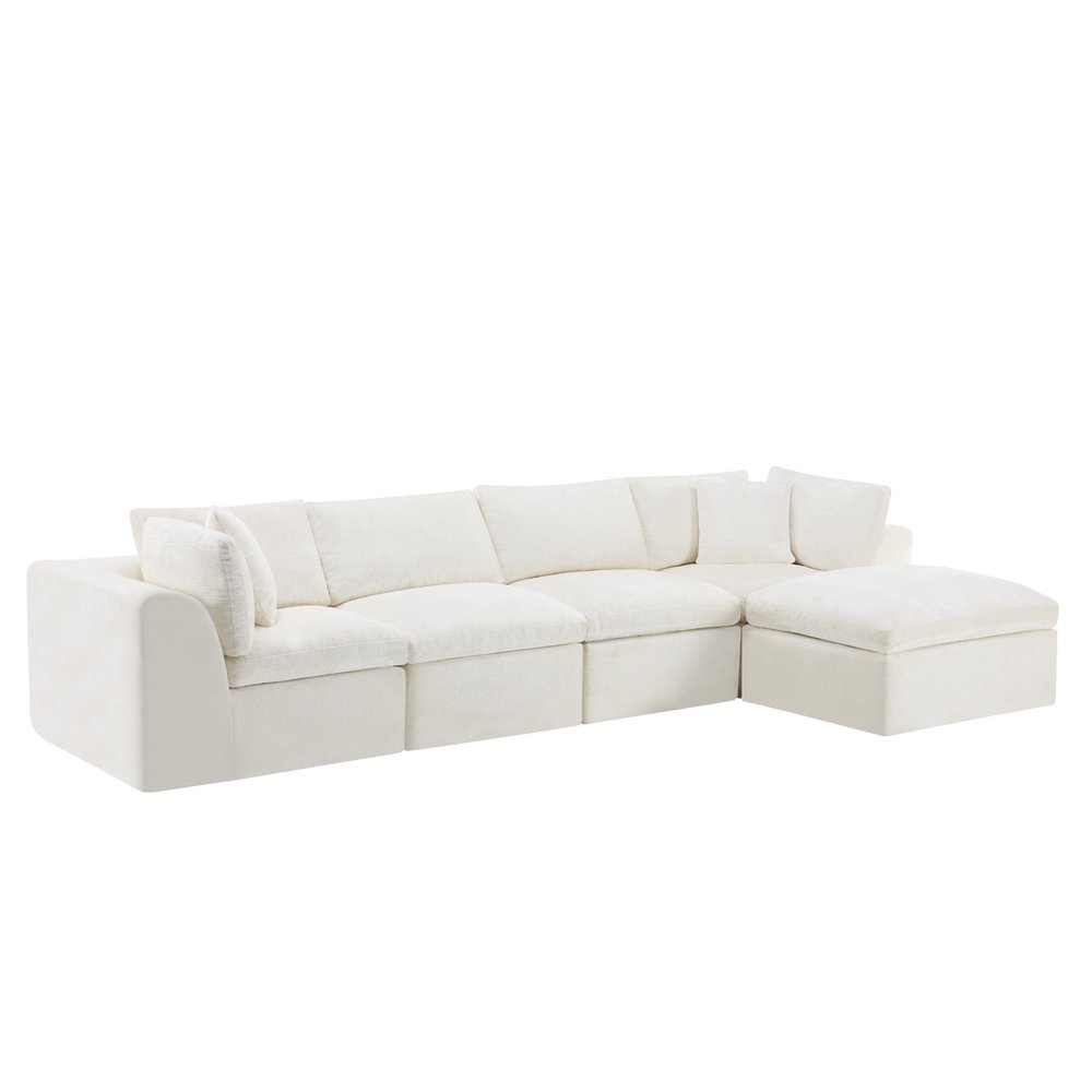 138" Beige Chenille Modular Sofa With Ottoman And Toss Pillows