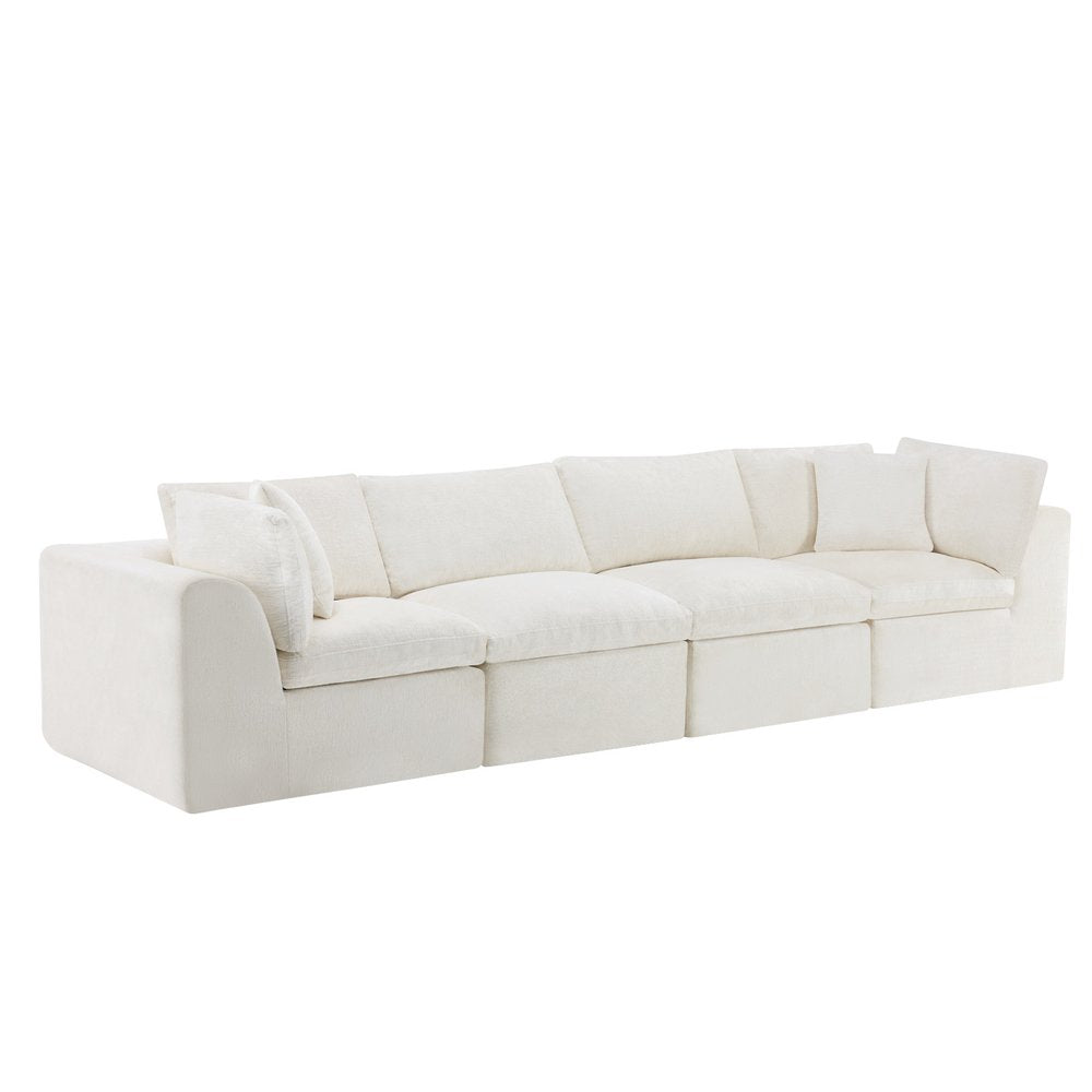 138" Beige Chenille Modular Sofa With Toss Pillows