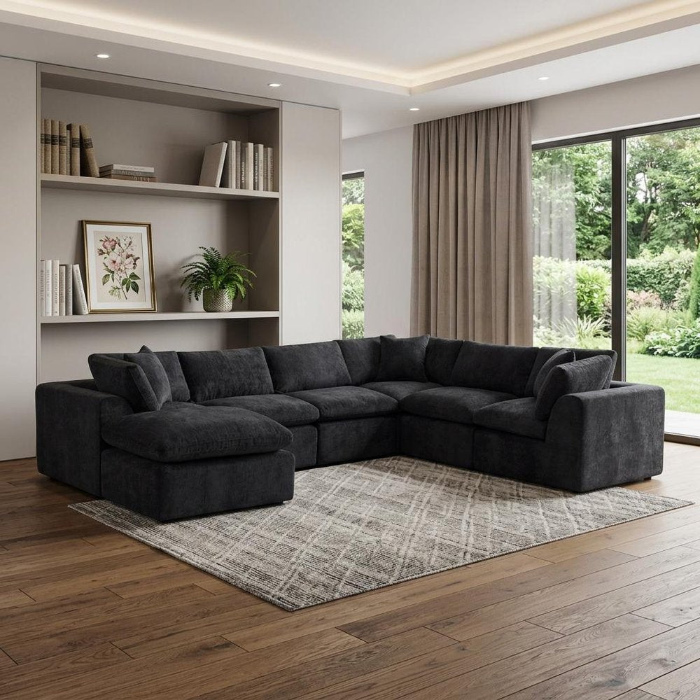 138" Beige Chenille Modular Sofa With Ottoman And Toss Pillows