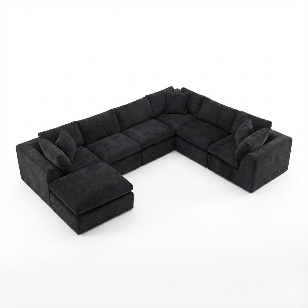 138" Beige Chenille Modular Sofa With Ottoman And Toss Pillows