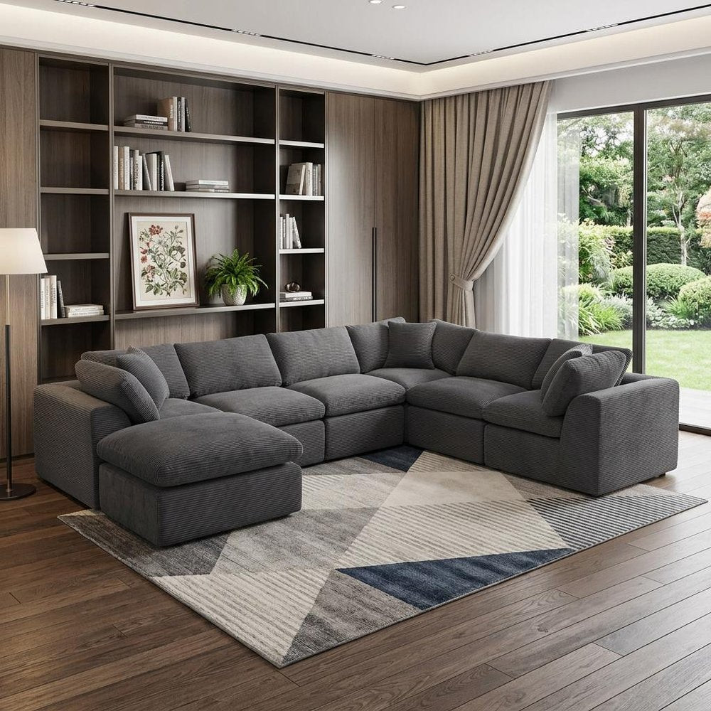 138" Dark Gray Corduroy Modular Sectional With Ottoman And Toss Pillows