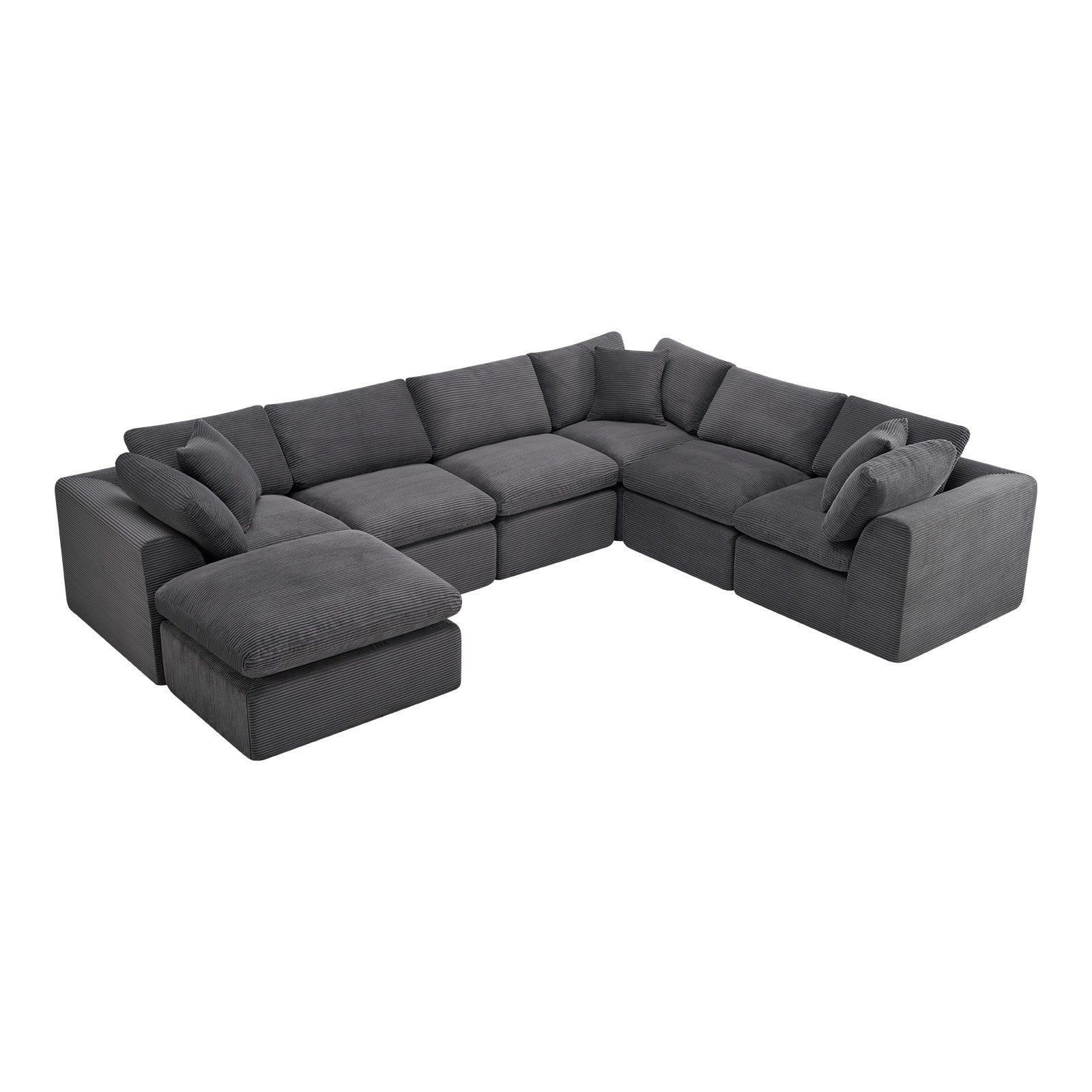 138" Dark Gray Corduroy Modular Sectional With Ottoman And Toss Pillows