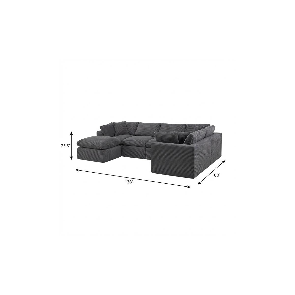 138" Dark Gray Corduroy Modular Sectional With Ottoman And Toss Pillows