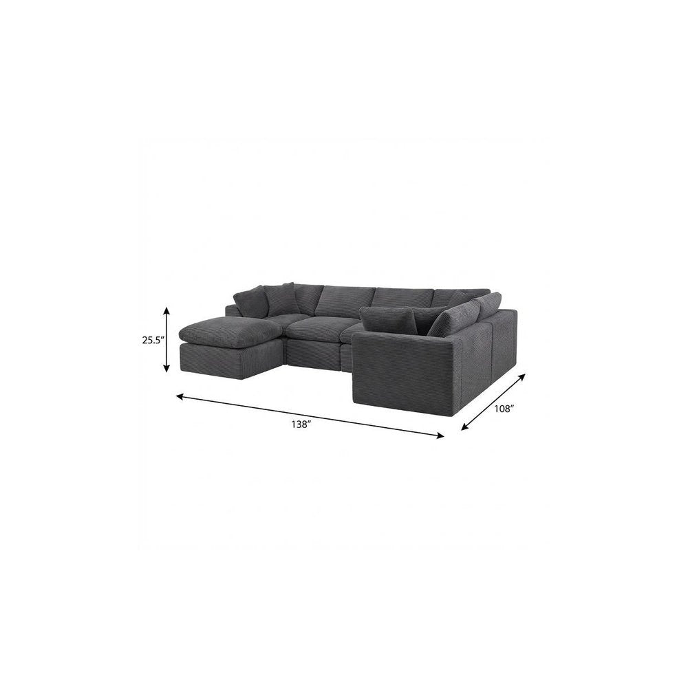 138" Dark Gray Corduroy Modular Sectional With Ottoman And Toss Pillows